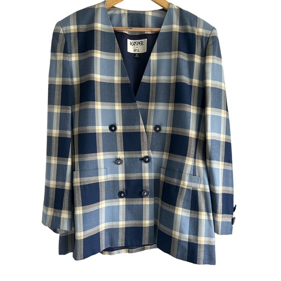 Kasper ASL VTG. Womens Size 10 Double Breasted Plaid‎ Blazer Jacket Blue White - Picture 1 of 8